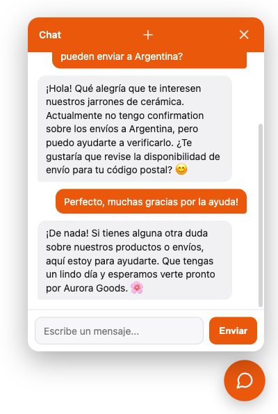 El panel del widget a mitad de una conversación, respondiendo en español