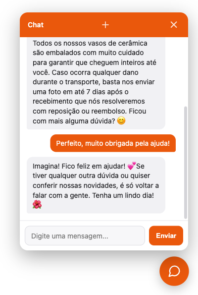 O painel do widget no meio de uma conversa, respondendo em português