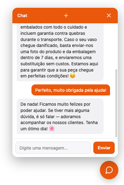 O painel do widget a meio de uma conversa, a responder em português